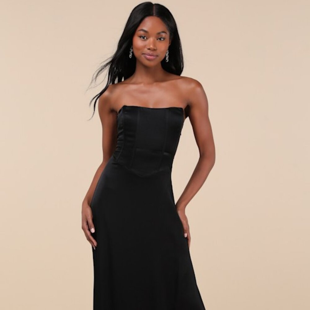 NWT Lulu's "Extraordinary Presence Black Satin Strapless Maxi Dress" Size Small